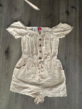 GUESS Women's Aamira Off Shoulder Romper Stretch Crinkle Beige XS